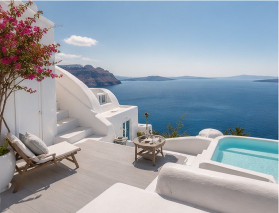 White seaside villa terrace overlooking bright coastal cliffs