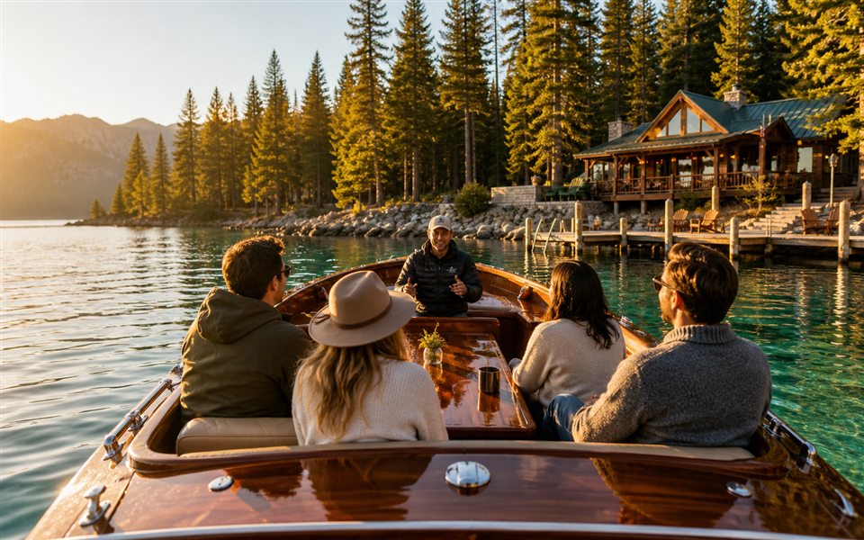 Small guided group on a calm Muskoka lake cruise at golden hour